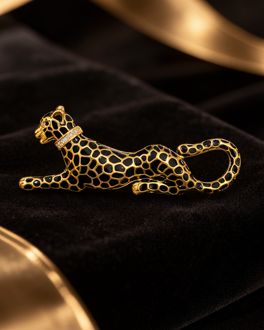 Gold & Black Enamel Leopard Brooch with Diamond Collar