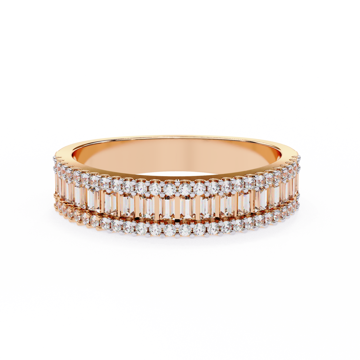 Baguette & Round Diamond Triple Row Band Ring