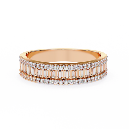 Baguette & Round Diamond Triple Row Band Ring