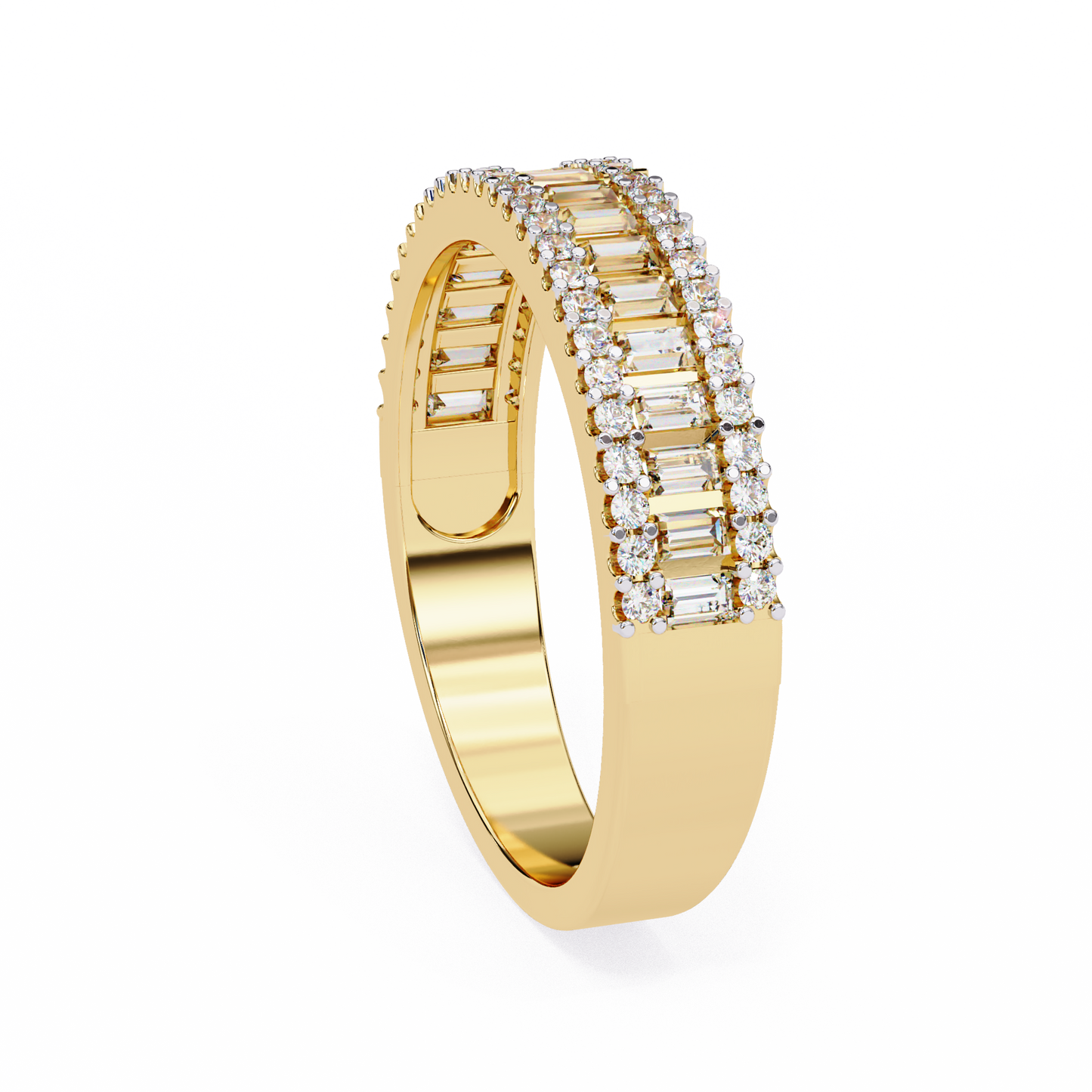 Baguette & Round Diamond Triple Row Band Ring