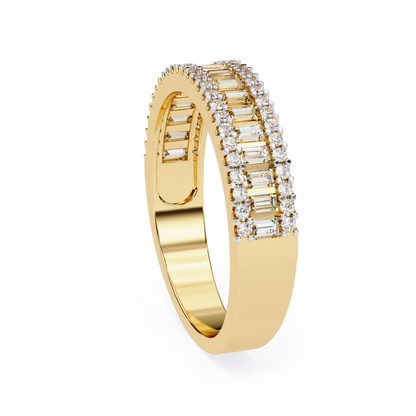 Baguette & Round Diamond Triple Row Band Ring
