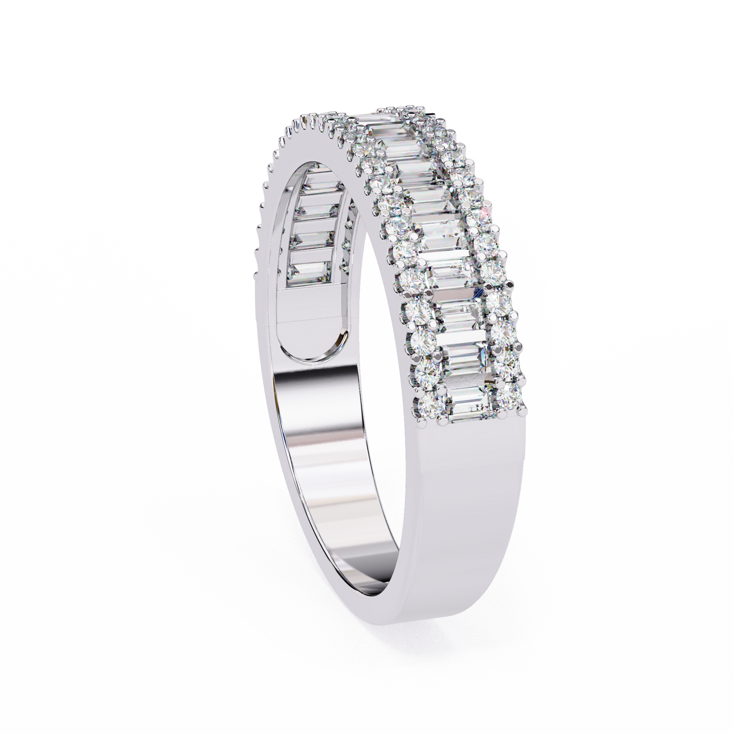 Baguette & Round Diamond Triple Row Band Ring