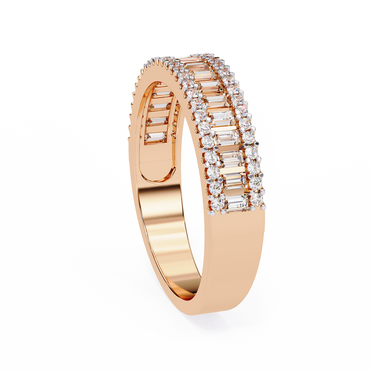 Baguette & Round Diamond Triple Row Band Ring