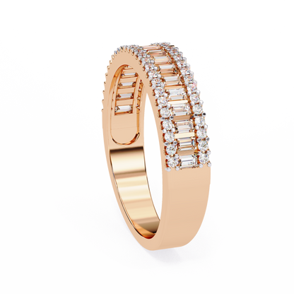 Baguette & Round Diamond Triple Row Band Ring