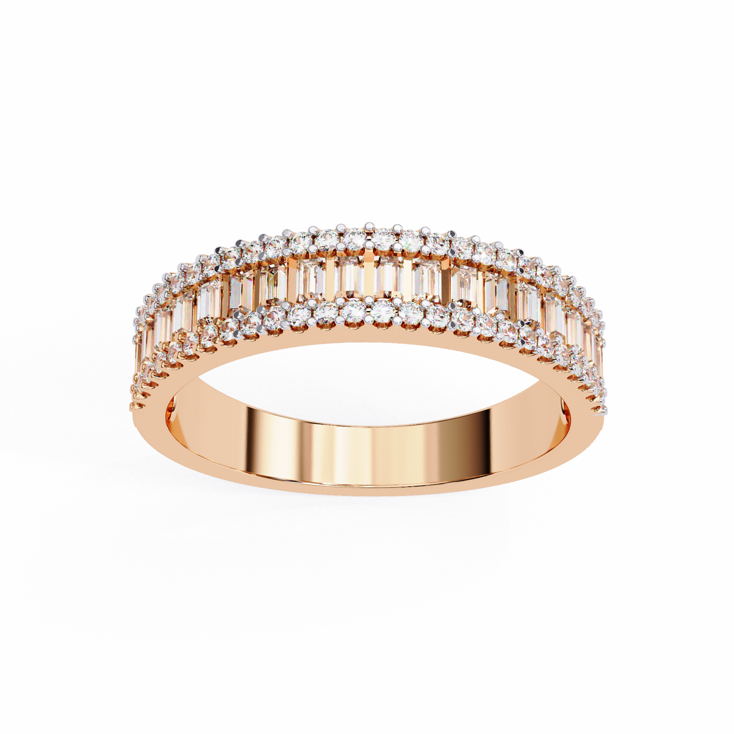 Baguette & Round Diamond Triple Row Band Ring