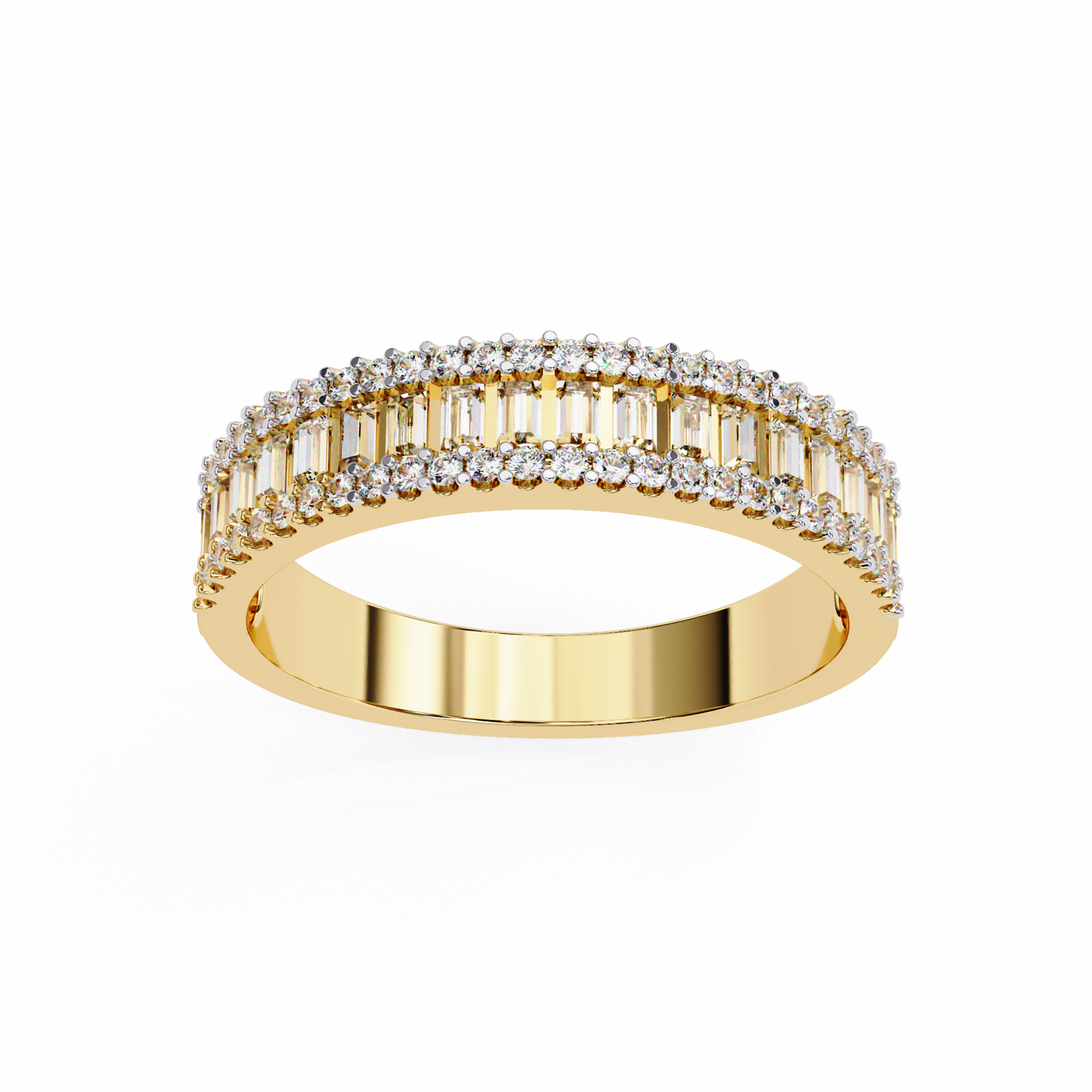 Baguette & Round Diamond Triple Row Band Ring