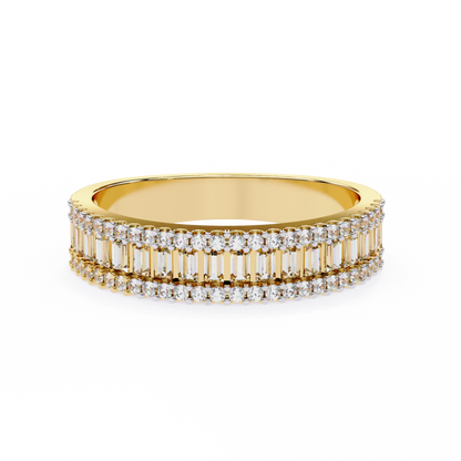 Baguette & Round Diamond Triple Row Band Ring