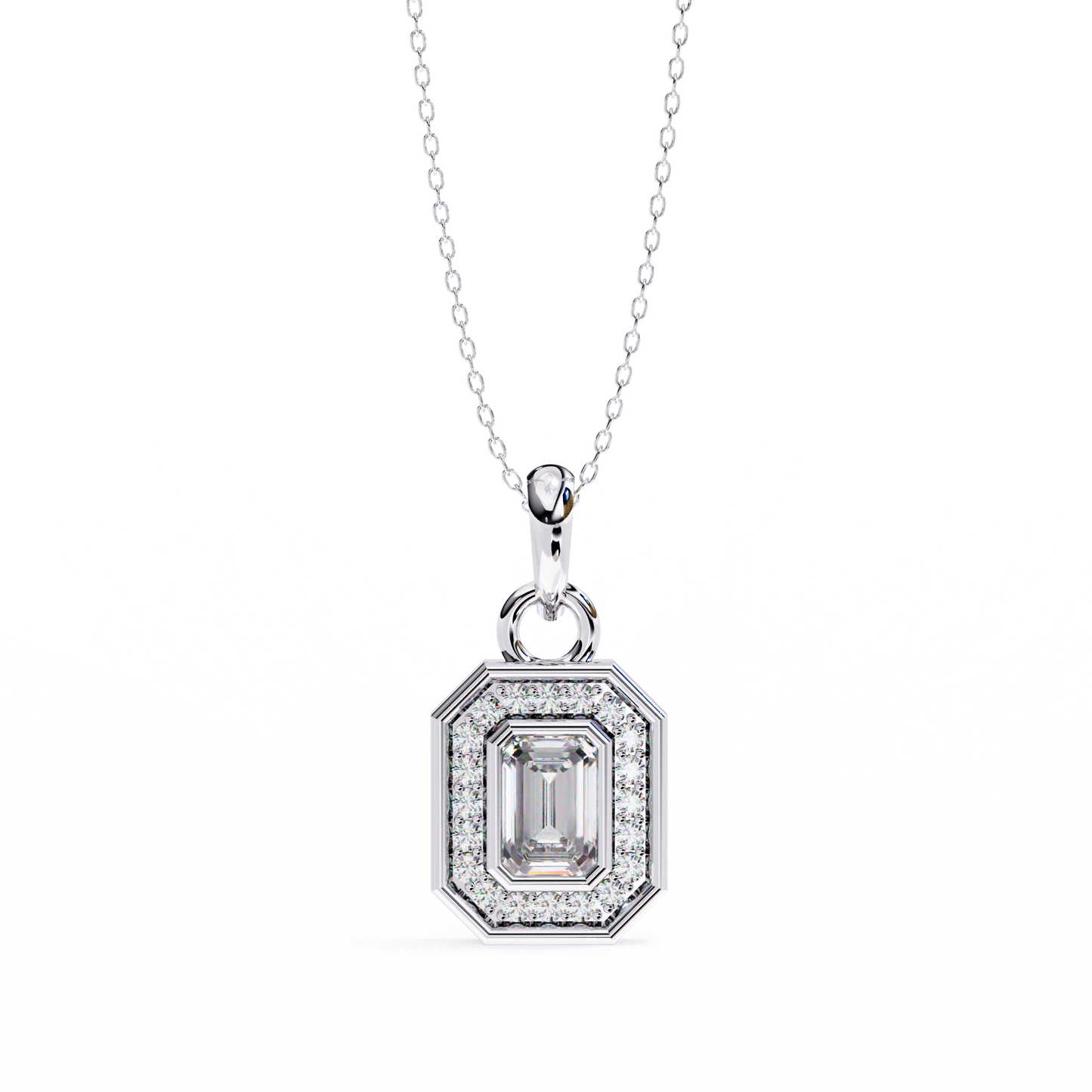 Emerald Cut Halo Diamond Pendant