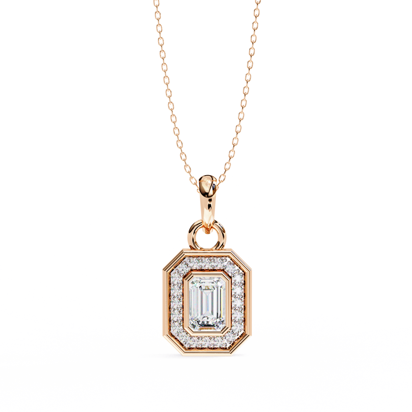 Emerald Cut Halo Diamond Pendant