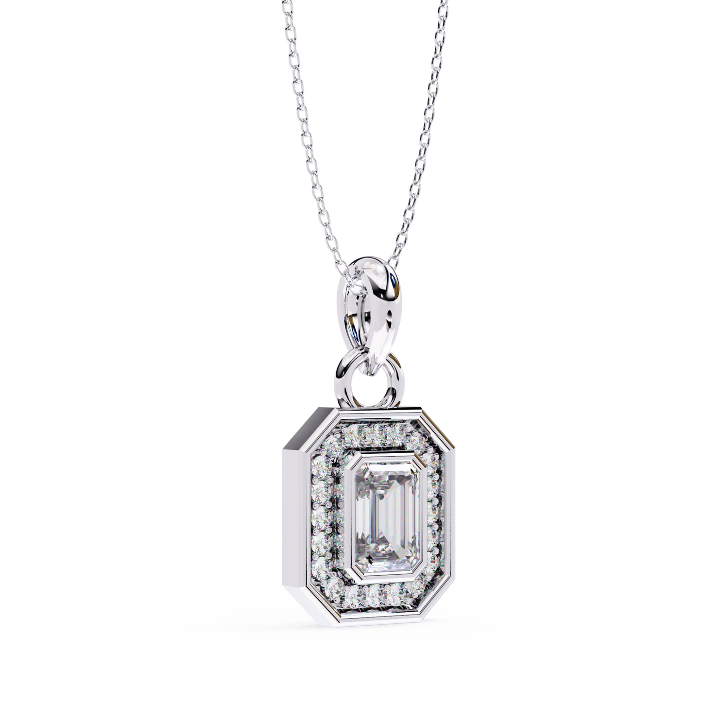 Emerald Cut Halo Diamond Pendant