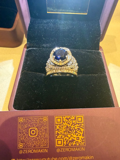 Zeromakin Royal Blue Sapphire & Diamond Halo Ring in White Gold