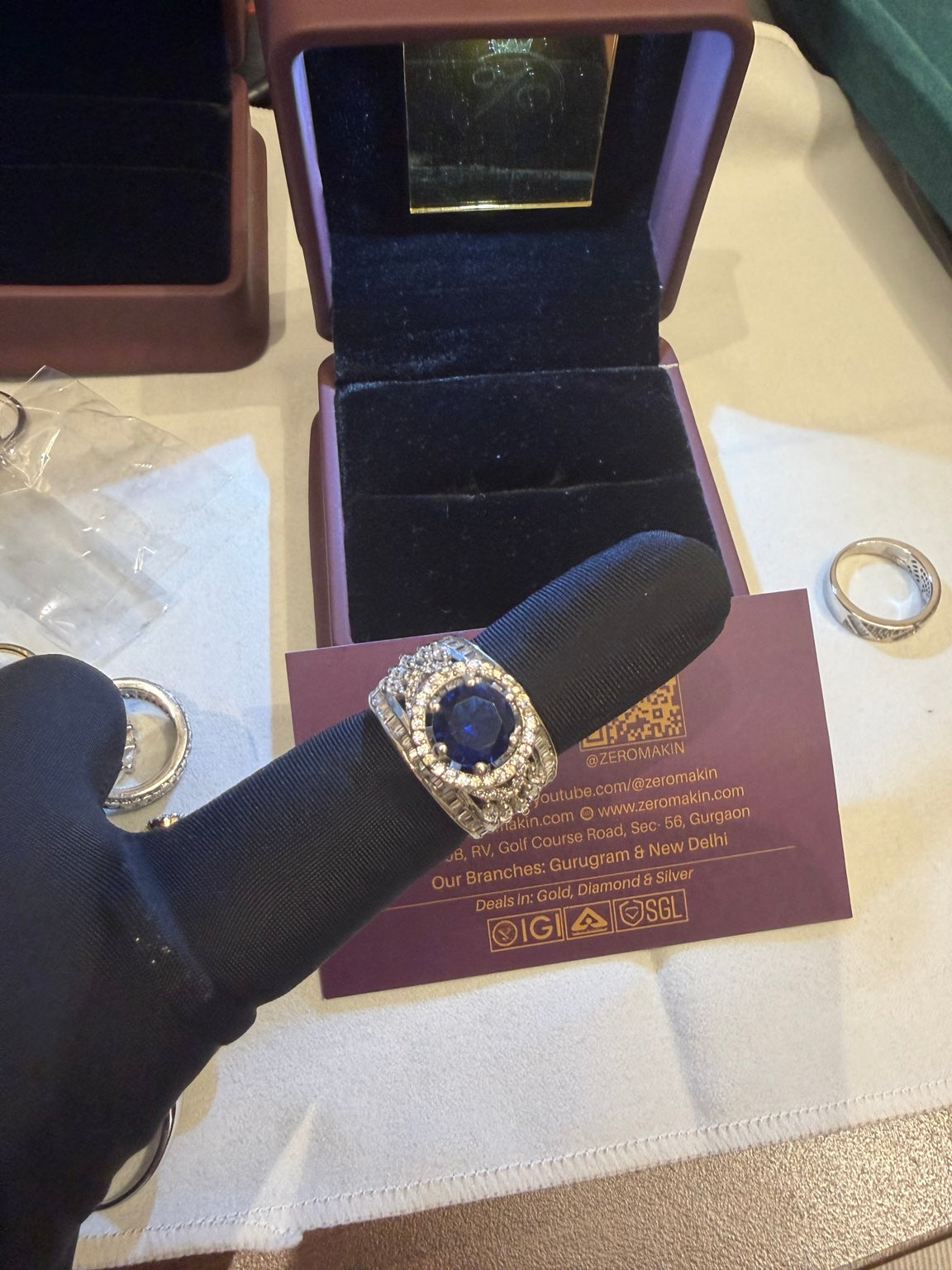 Zeromakin Royal Blue Sapphire & Diamond Halo Ring in White Gold