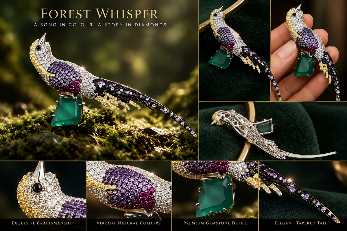 Forest Whisper Multicolour Gemstone Bird Brooch