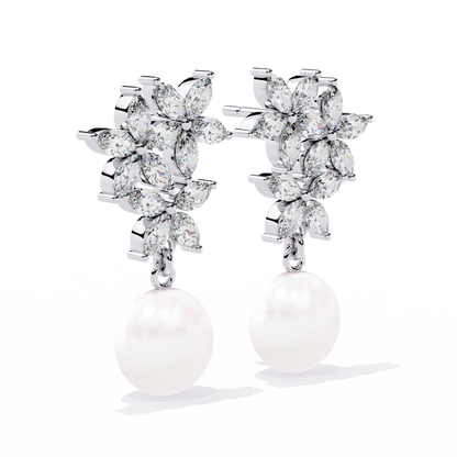 Floral Pearl Drop Diamond Earrings