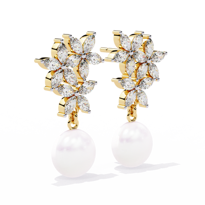 Floral Pearl Drop Diamond Earrings