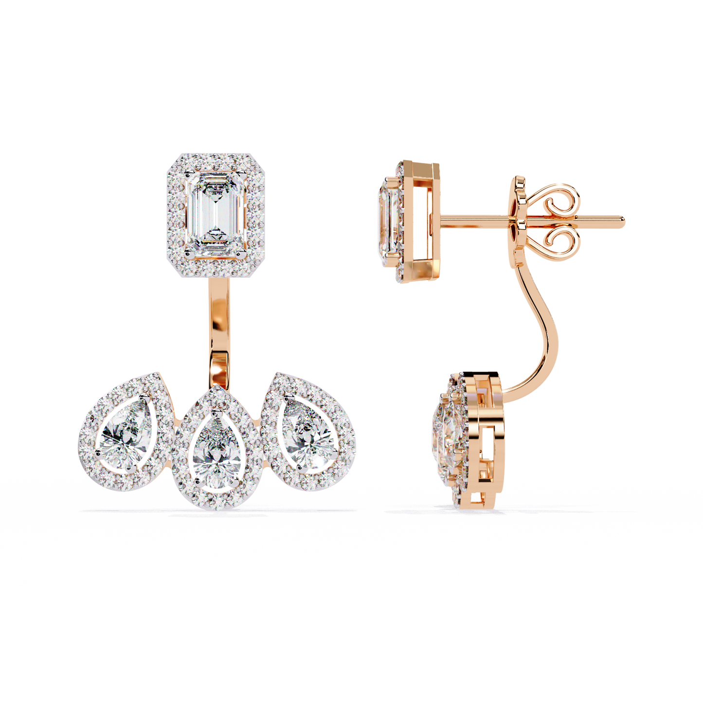 Emerald Cut Halo Drop Earrings