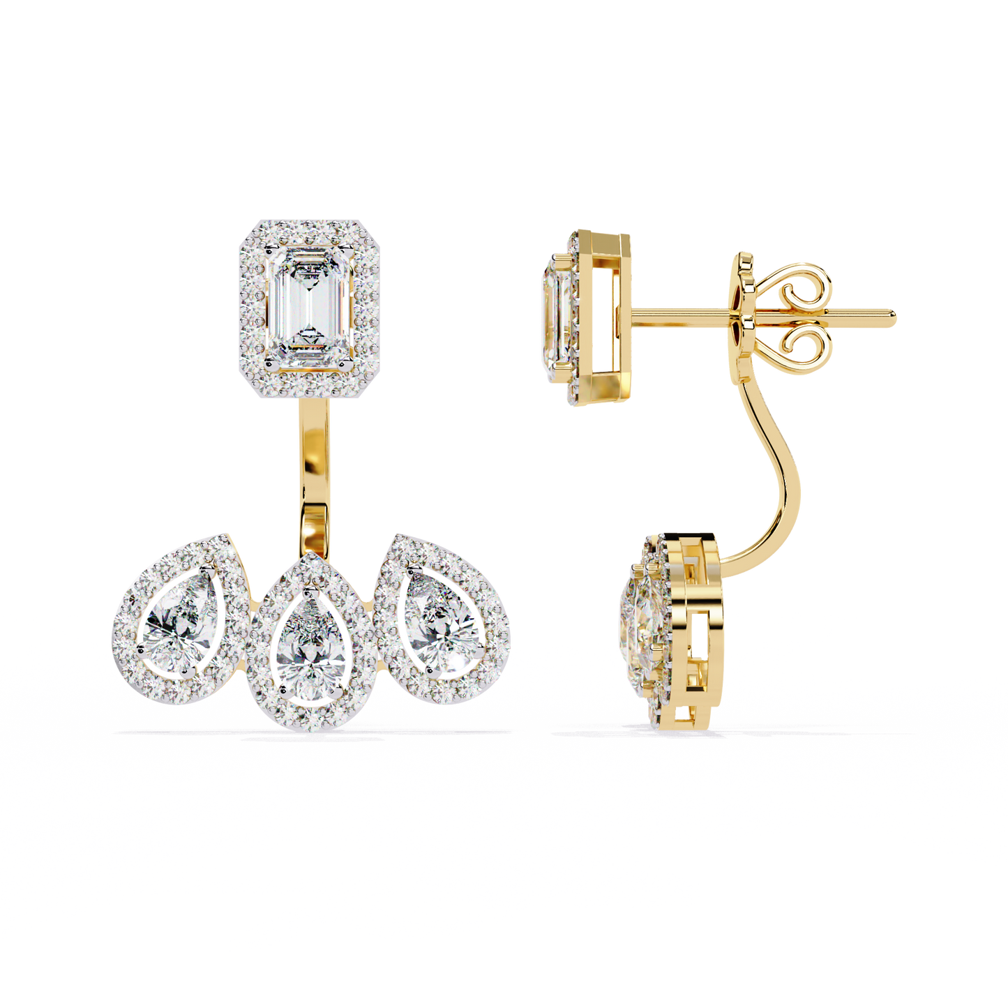 Emerald Cut Halo Drop Earrings