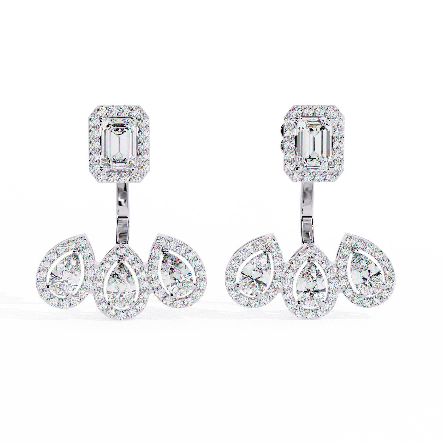 Emerald Cut Halo Drop Earrings