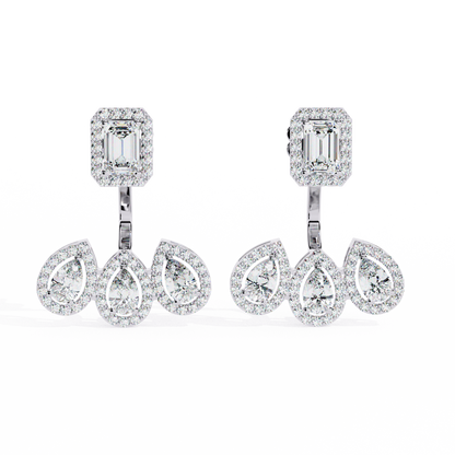 Emerald Cut Halo Drop Earrings