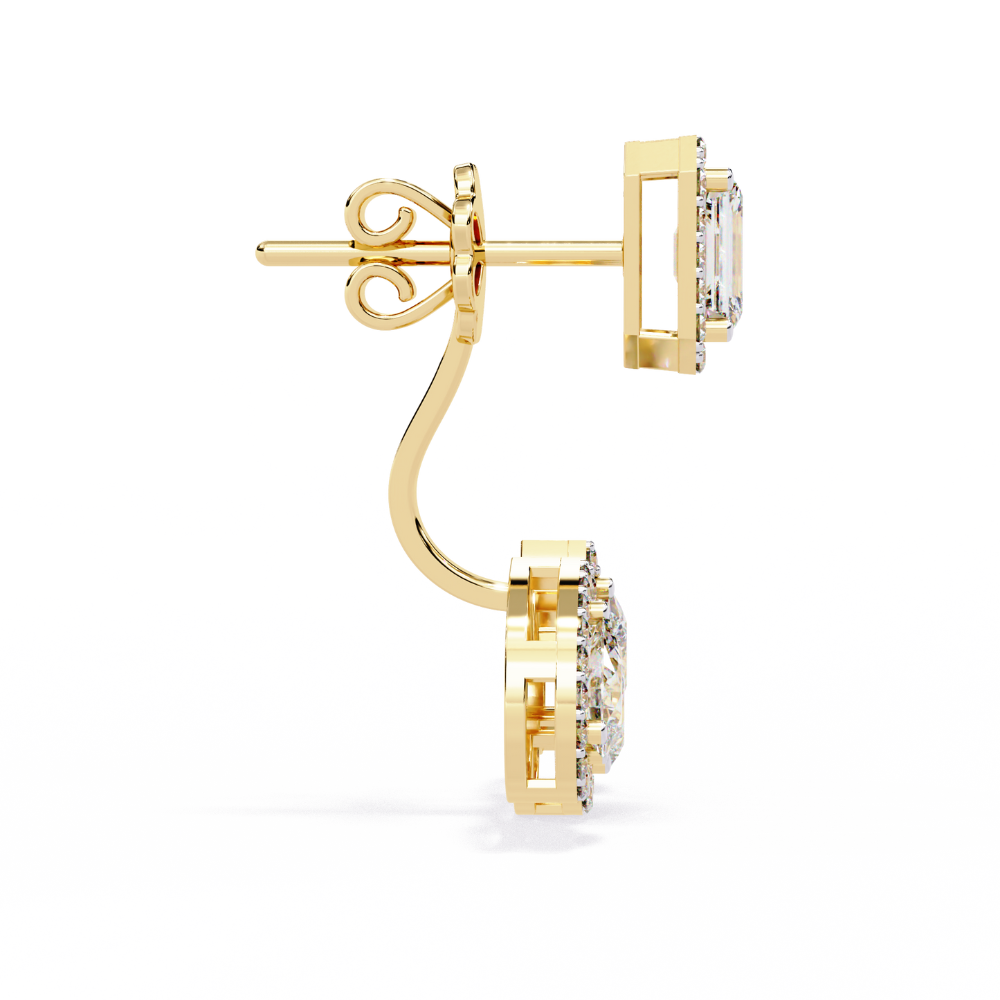 Emerald Cut Halo Drop Earrings