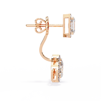 Emerald Cut Halo Drop Earrings