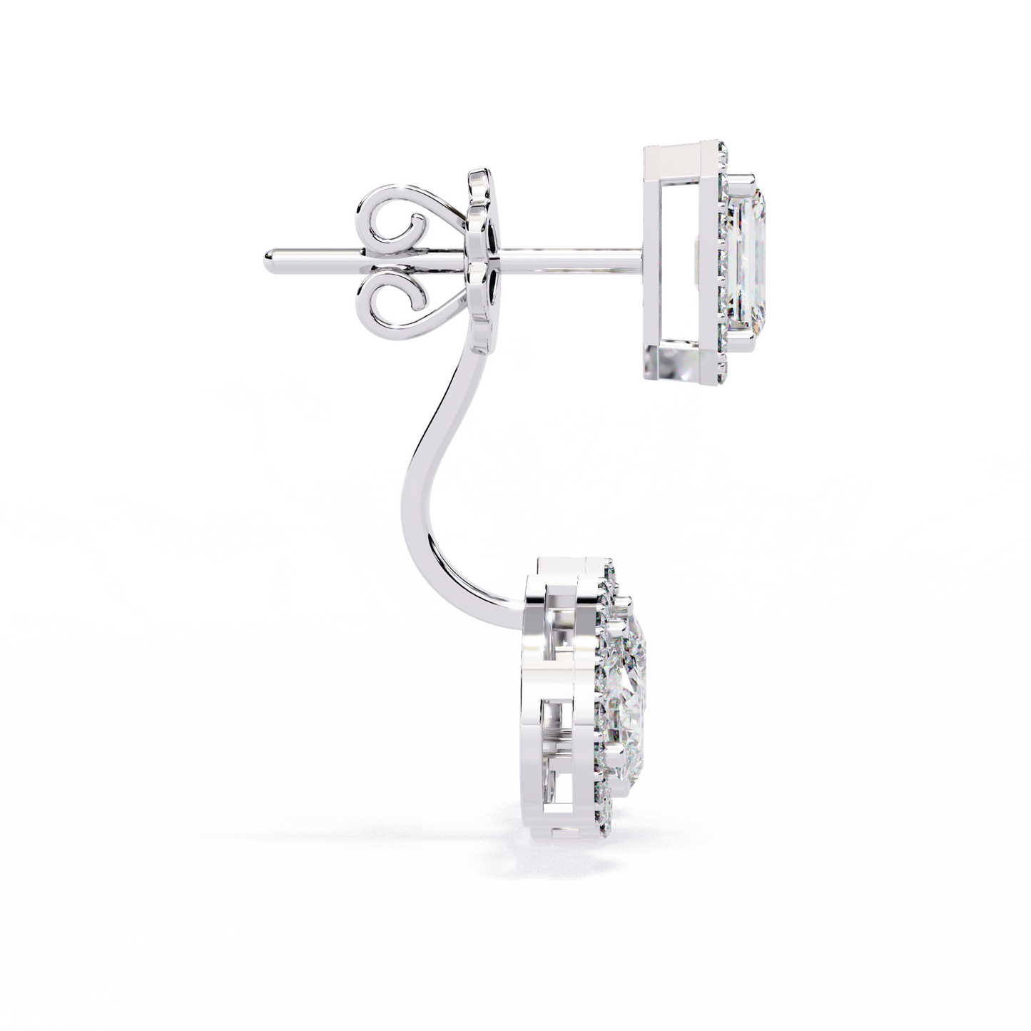 Emerald Cut Halo Drop Earrings