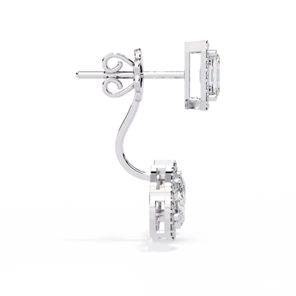 Emerald Cut Halo Drop Earrings