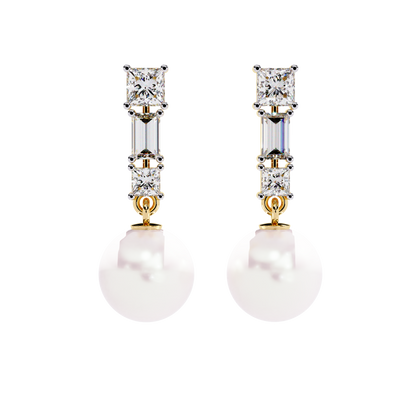Elegant Trio Diamond Pearl Drop Earrings