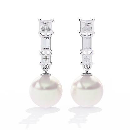 Elegant Trio Diamond Pearl Drop Earrings