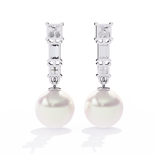 Elegant Trio Diamond Pearl Drop Earrings