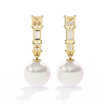 Elegant Trio Diamond Pearl Drop Earrings