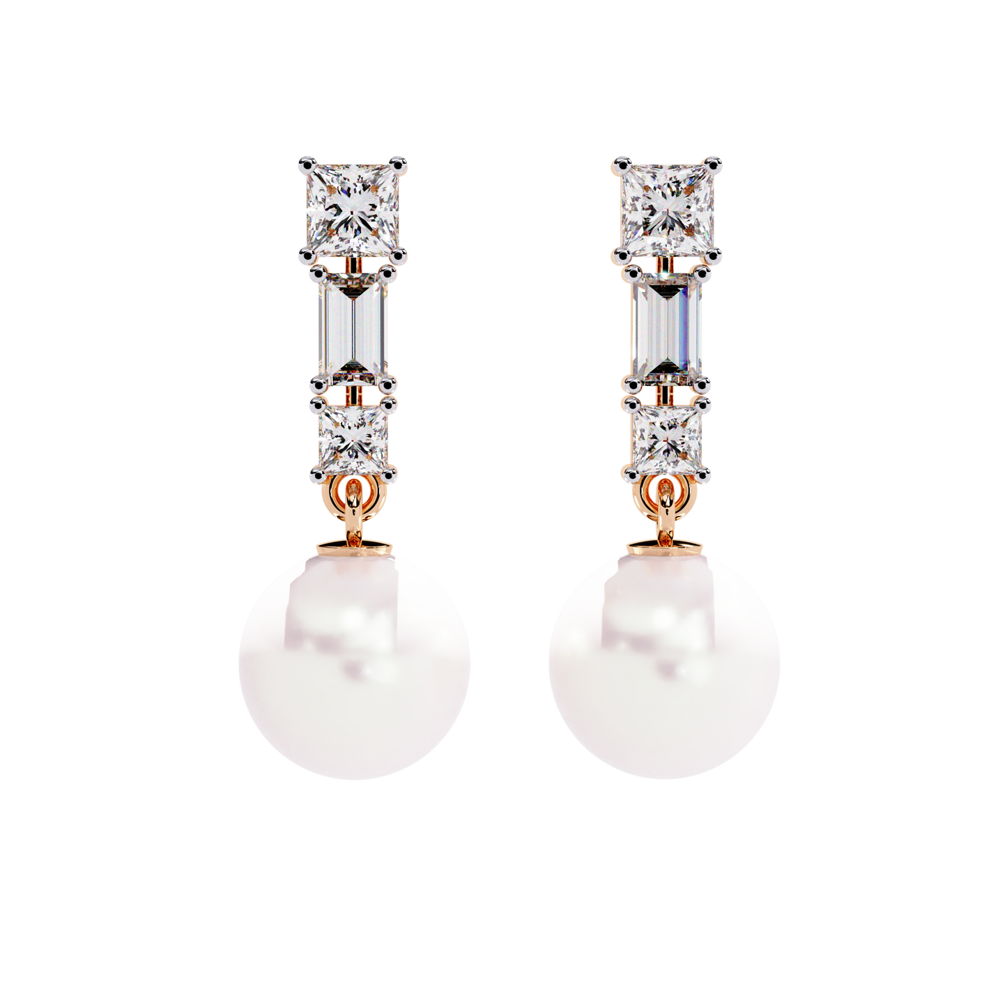 Elegant Trio Diamond Pearl Drop Earrings