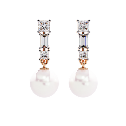 Elegant Trio Diamond Pearl Drop Earrings