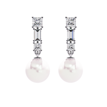 Elegant Trio Diamond Pearl Drop Earrings