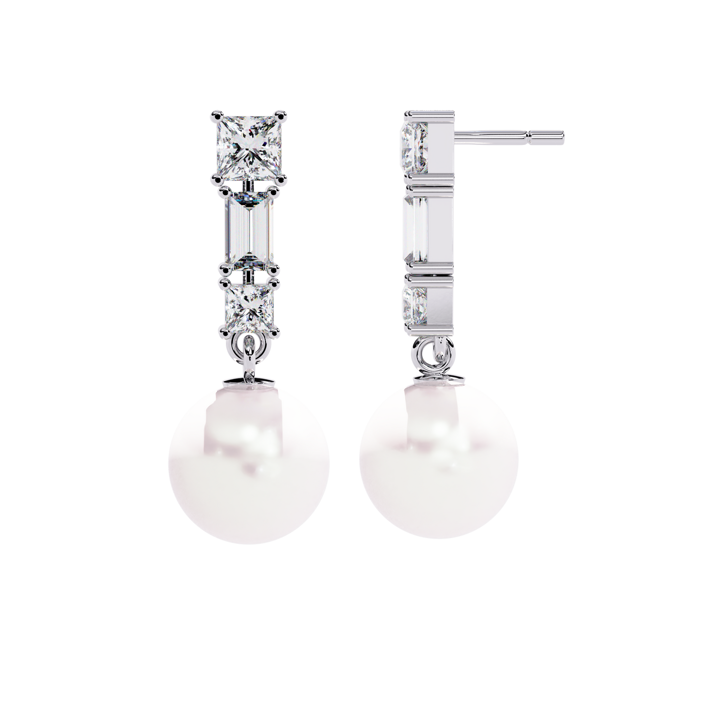 Elegant Trio Diamond Pearl Drop Earrings