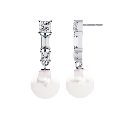 Elegant Trio Diamond Pearl Drop Earrings