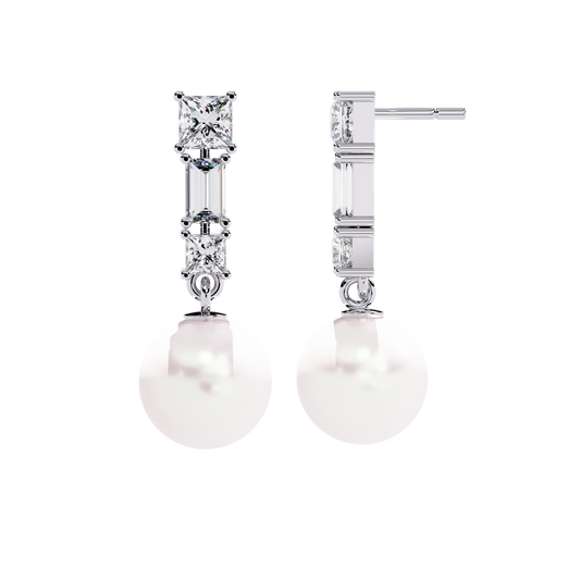 Elegant Trio Diamond Pearl Drop Earrings
