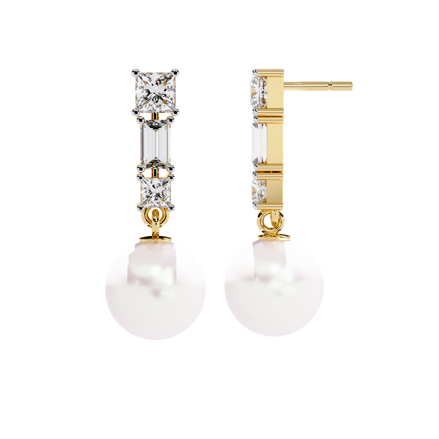 Elegant Trio Diamond Pearl Drop Earrings