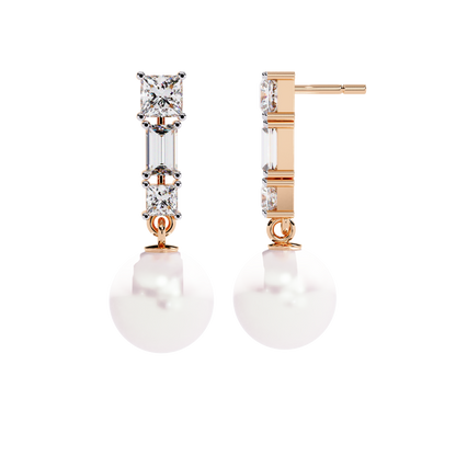Elegant Trio Diamond Pearl Drop Earrings