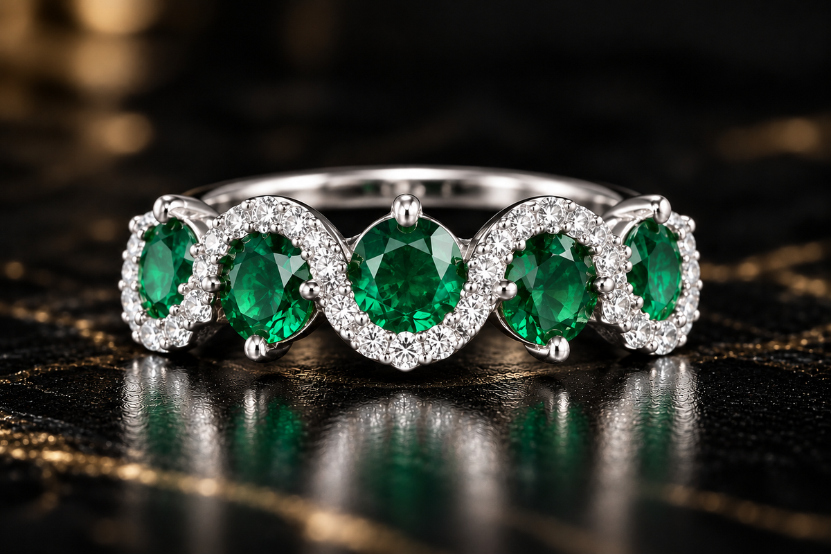 Emerald Green Gemstone & Diamond Halo Ring in Gold