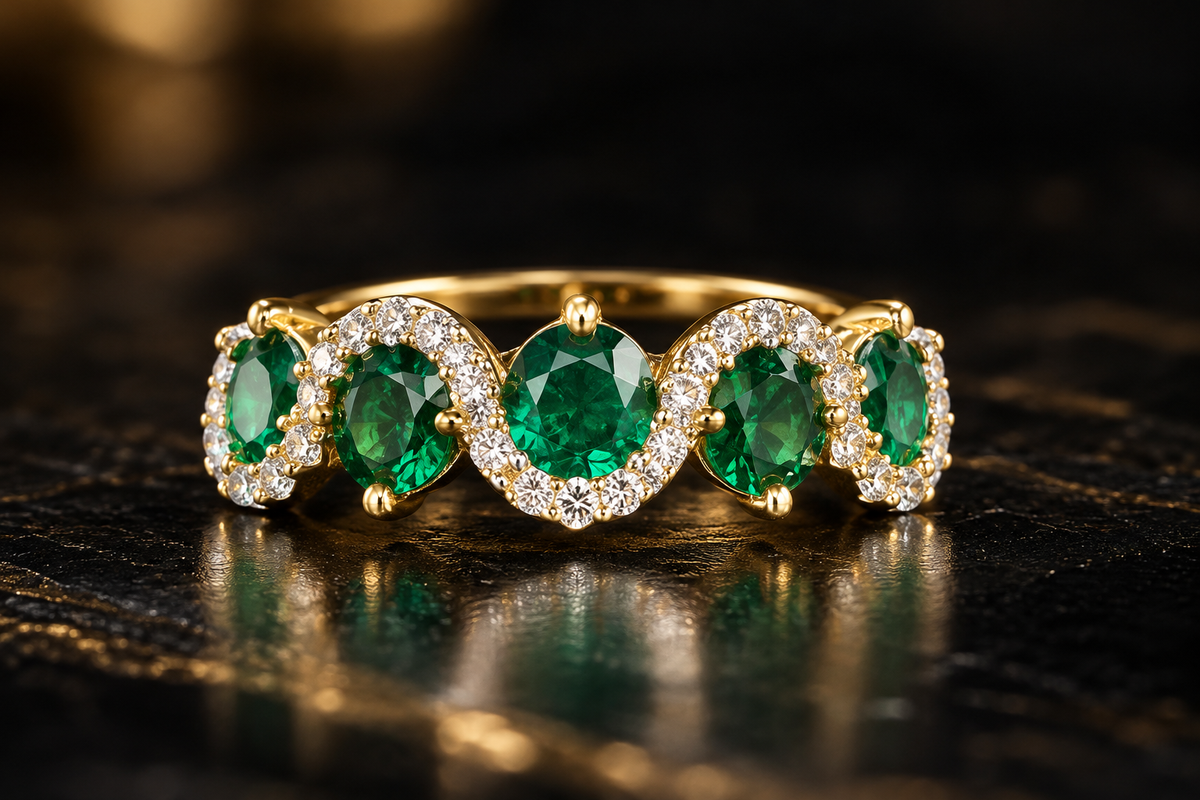 Emerald Green Gemstone & Diamond Halo Ring in Gold