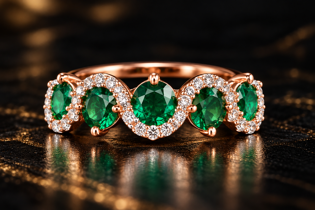 Emerald Green Gemstone & Diamond Halo Ring in Gold