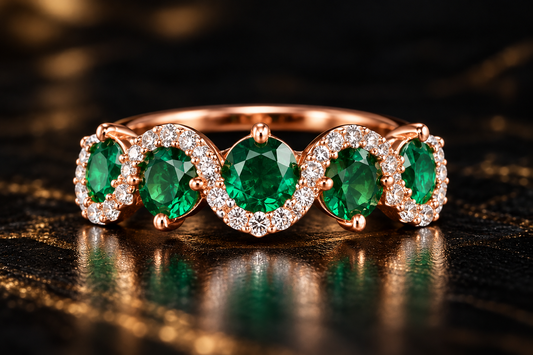 Emerald Green Gemstone & Diamond Halo Ring in Gold