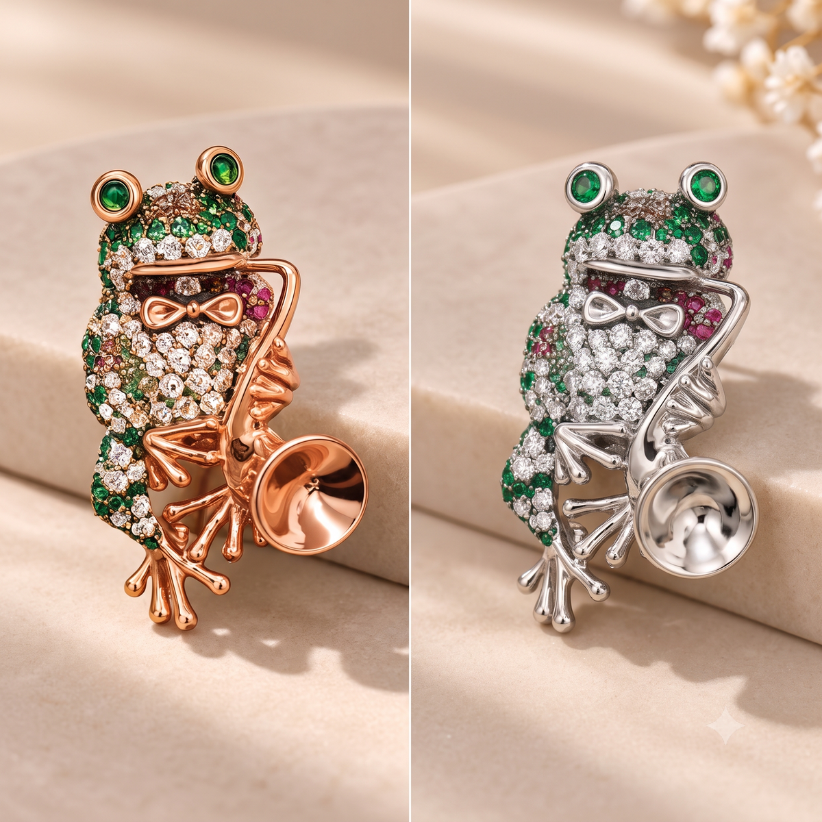 Gold Bejeweled Frog Saxophone Brooch | Fine Animal Jewelry