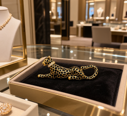 Gold & Black Enamel Leopard Brooch with Diamond Collar