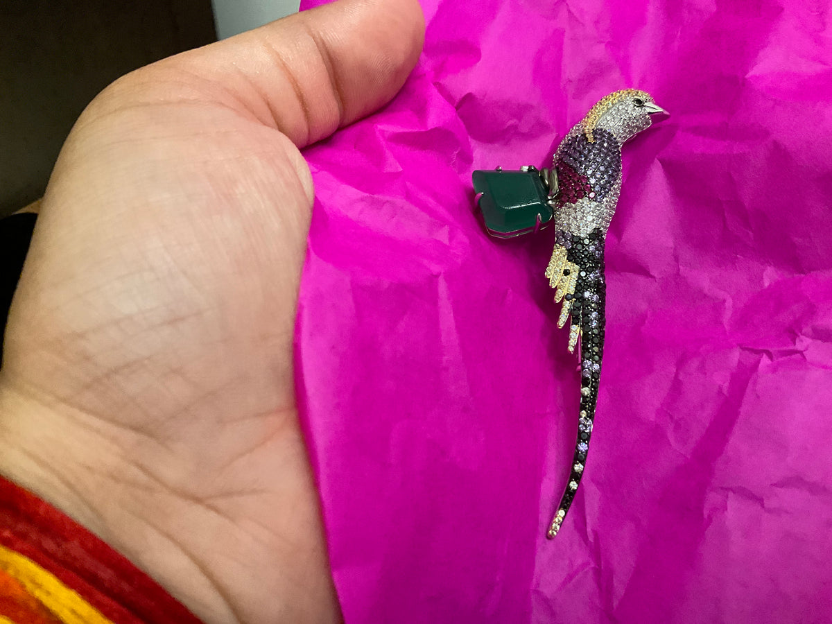 Forest Whisper Multicolour Gemstone Bird Brooch