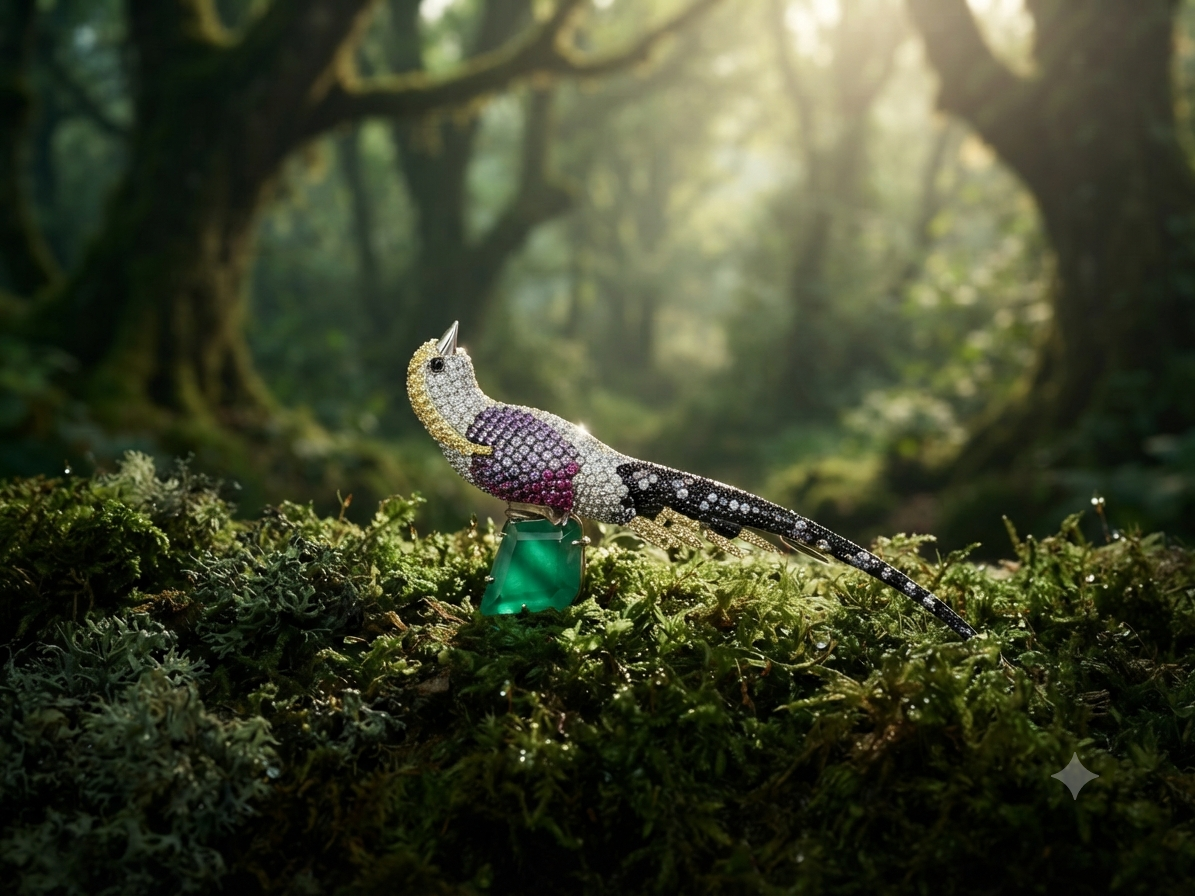 Forest Whisper Multicolour Gemstone Bird Brooch