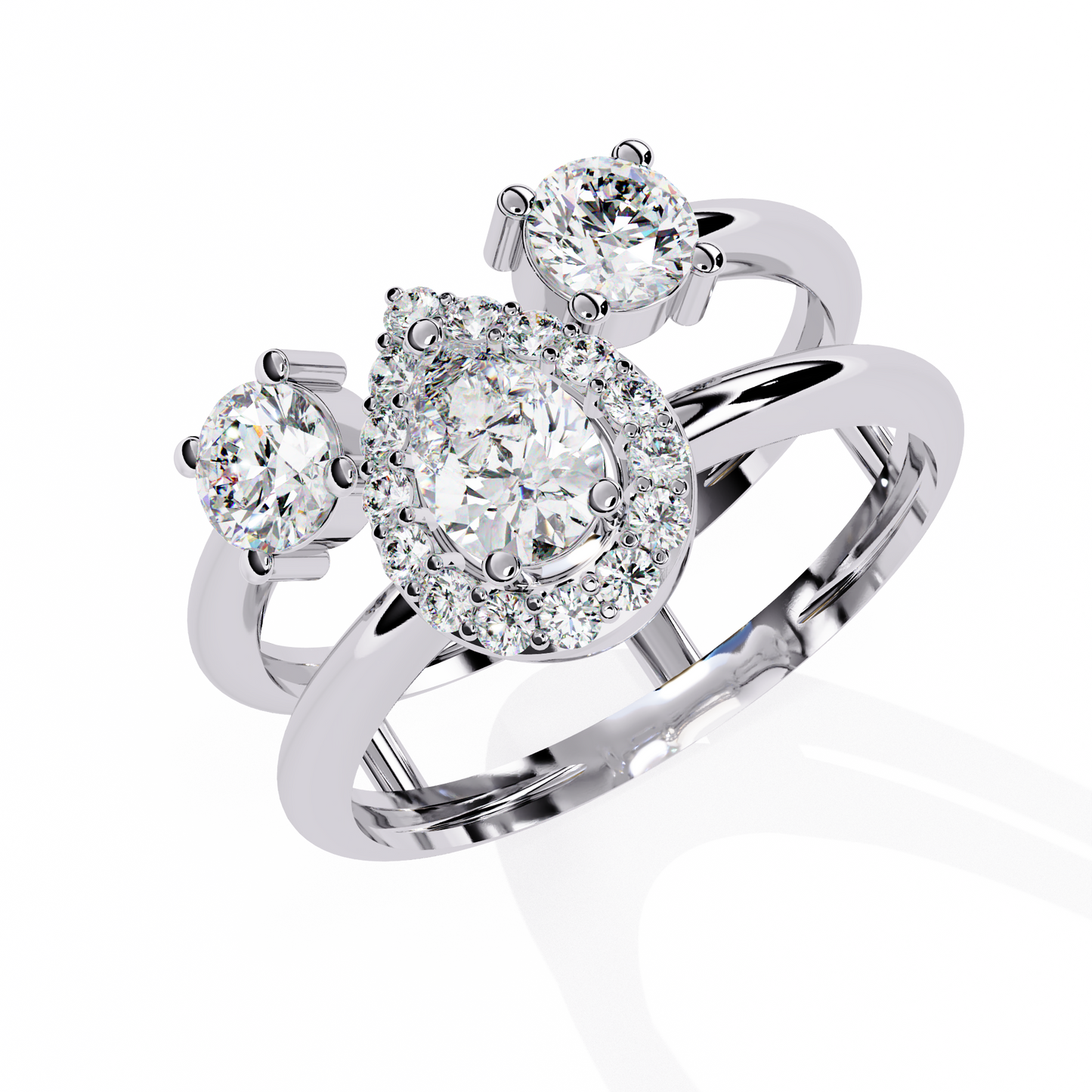 Celestia Three-Stone Halo Diamond Ring