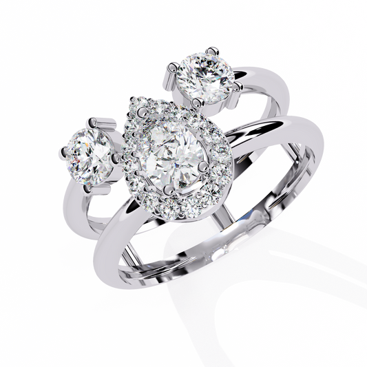 Celestia Three-Stone Halo Diamond Ring