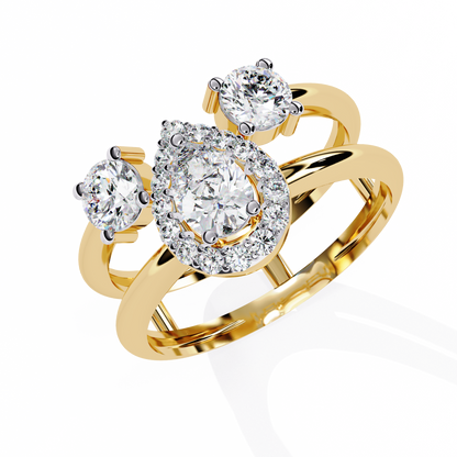 Celestia Three-Stone Halo Diamond Ring